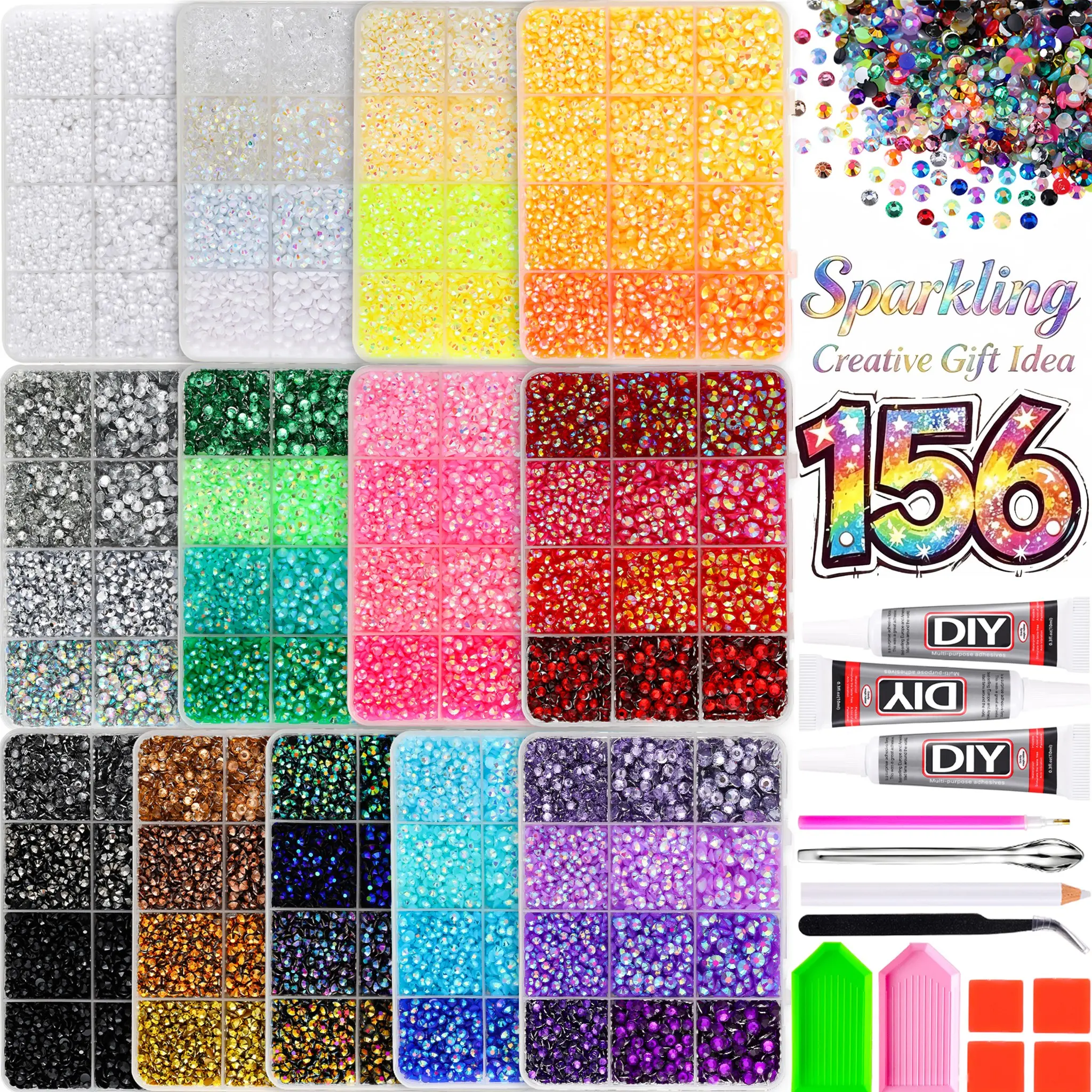 1Set New Creative Colors Glitter Jelly Nail Rhinestone Bedazzled Kit-156 Colors 3mm Virbant Semi-circular Flatback Resin Gems Diamond Art DIY Nails Accessories Nail Decoration