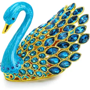 3.7inch Enamel Blue Gems Swan Trinket Box Hinged Hand-Painted Jewelry Storage Ring Holder Keepsake Box Animal Figurine Collectible Wedding Favor Christmas Gift