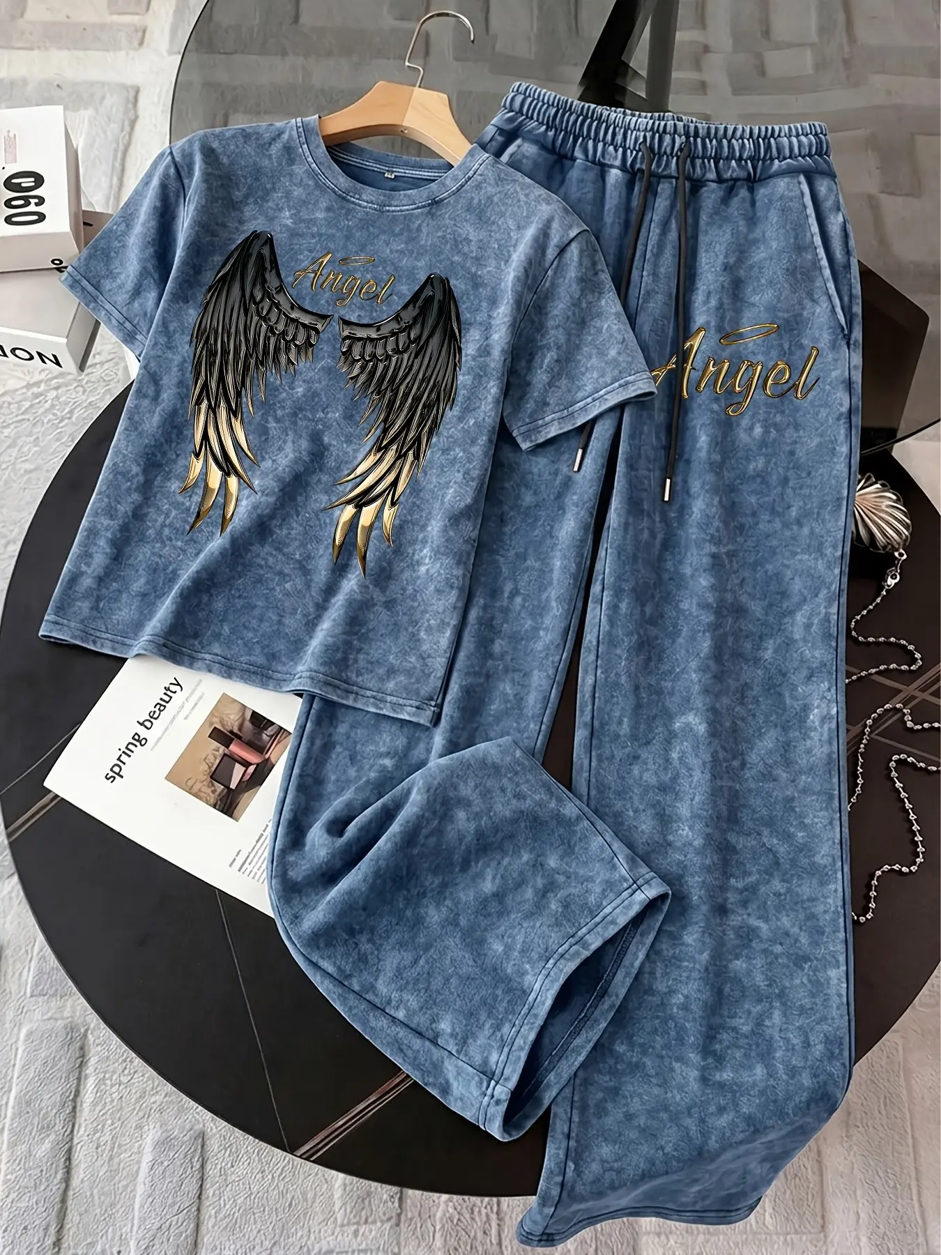 2-Piece Set, Distressed Casual Outfit Featuring a Tri-Color Black & Gold Wing Print (Y2K Sweet-Cool/Baddie Style), Includes a Drop-Shoulder, Round Neck Short-Sleeve Top and Drapey Wide-Leg Trousers, Perfect for Everyday, Vacations, or Outings, Clothes