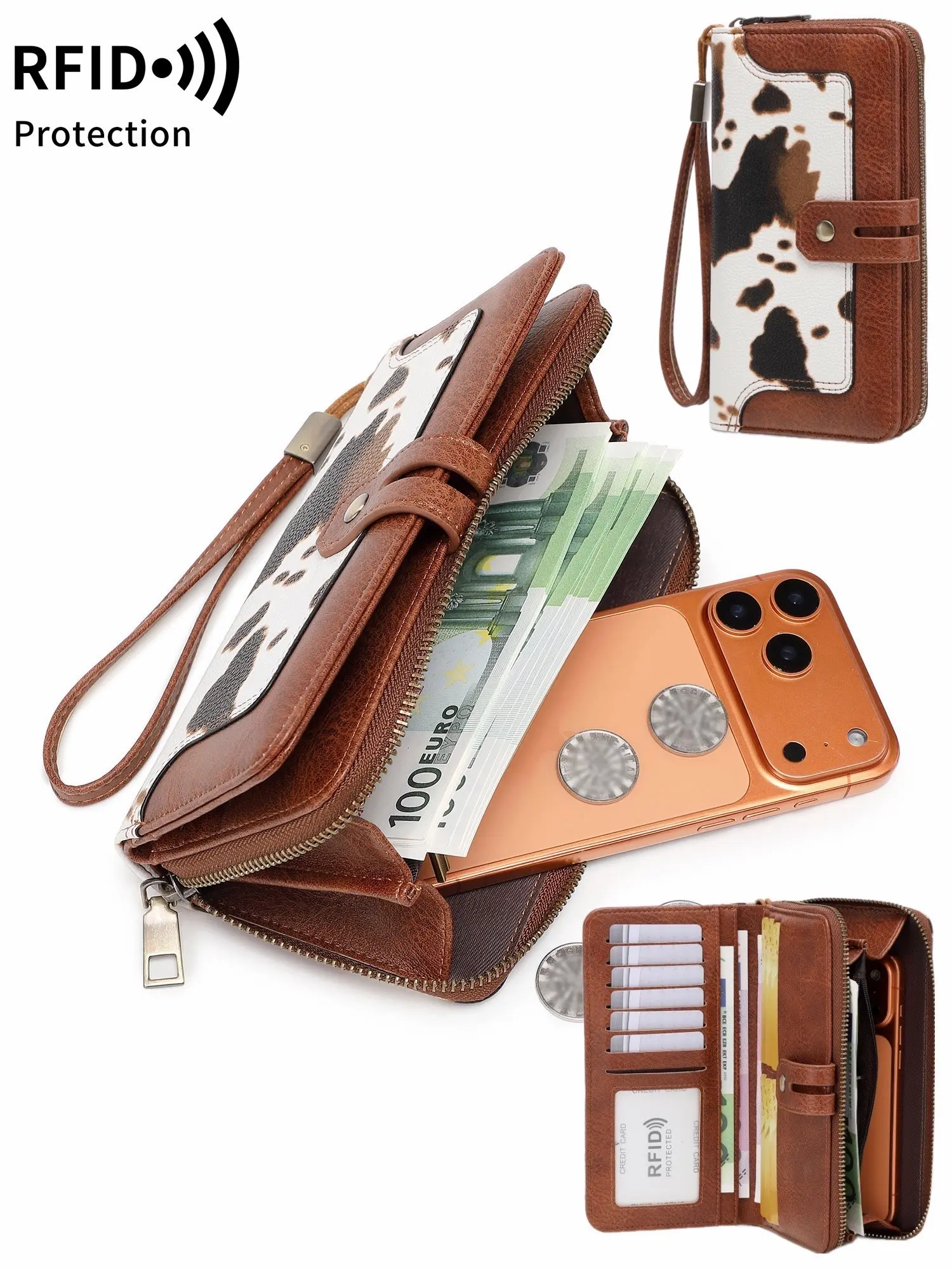 Women's Long Wallet RFID Blocking Credit Card Holder, Large Capacity Multiple Card Slots, Fashion Zipper Handbag with Wrist Strap, Casual Zipper Purse, Rfid Blocking Purse, Wallets Women