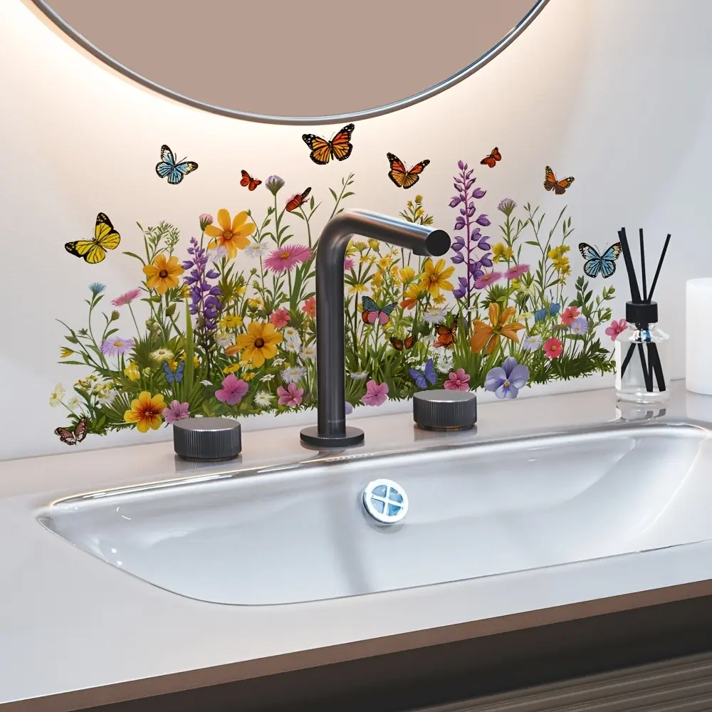 Boho Floral Butterfly Wall Sticker, Butterfly Wall Decals, Waterproof Self-Adhesive Removable Decorative Wallpaper, Bathroom Sink Home Decoration
