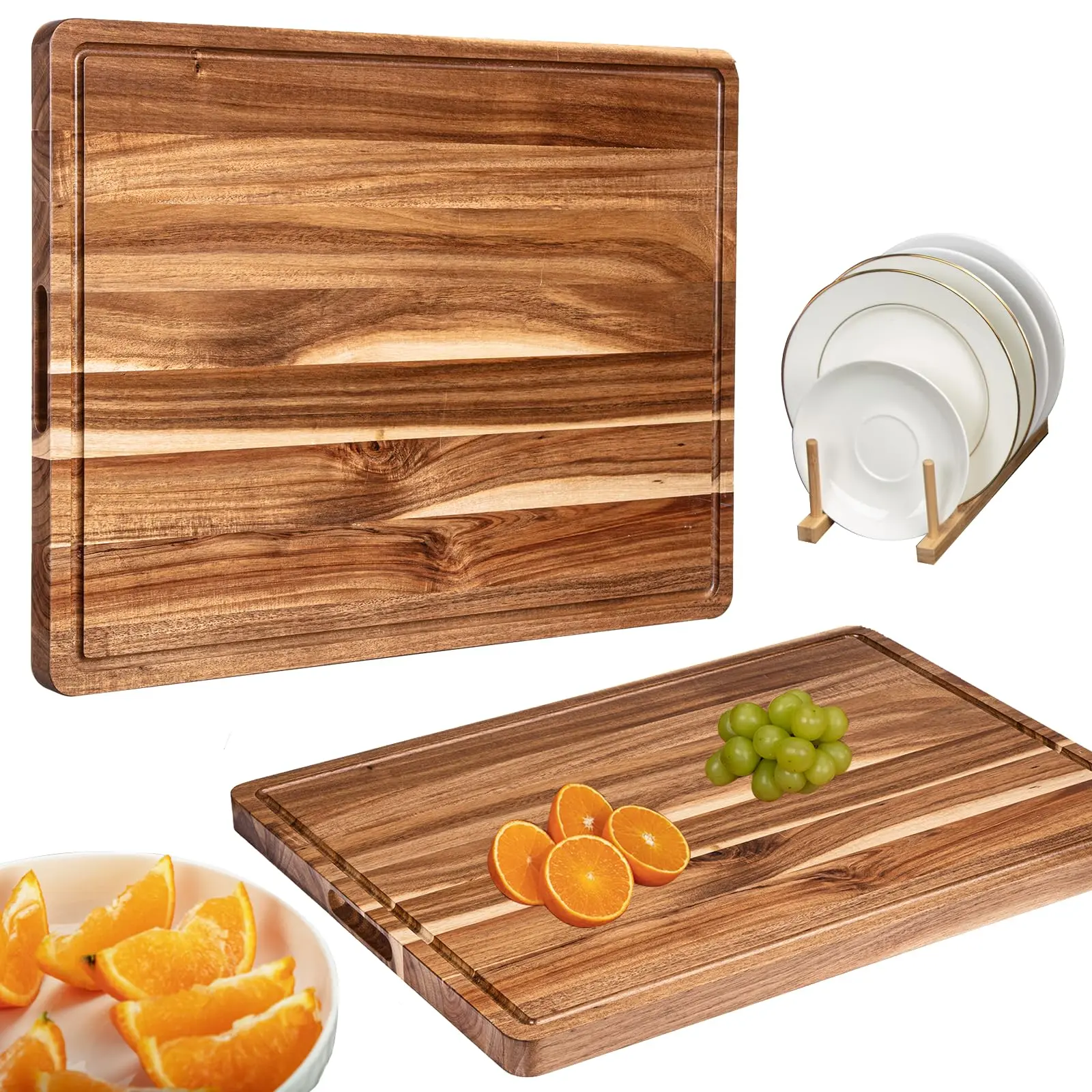Acacia Wood Cutting Board with Juice Groove & Handles, Reversible Wooden Chopping Board for Kitchen, Meat, Vegetables, Charcuterie Serving Platter
