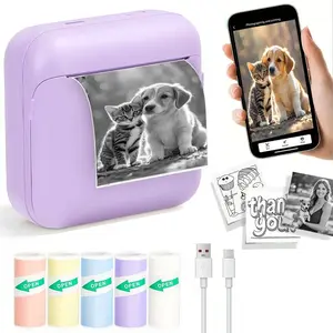 Wireless Mini Printer, Portable Inkless Thermal Sticker Maker with 5 Rolls Printing Paper, 203dpi, USB/battery Powered, Ideal for Notes, Photos, Receipts, DIY