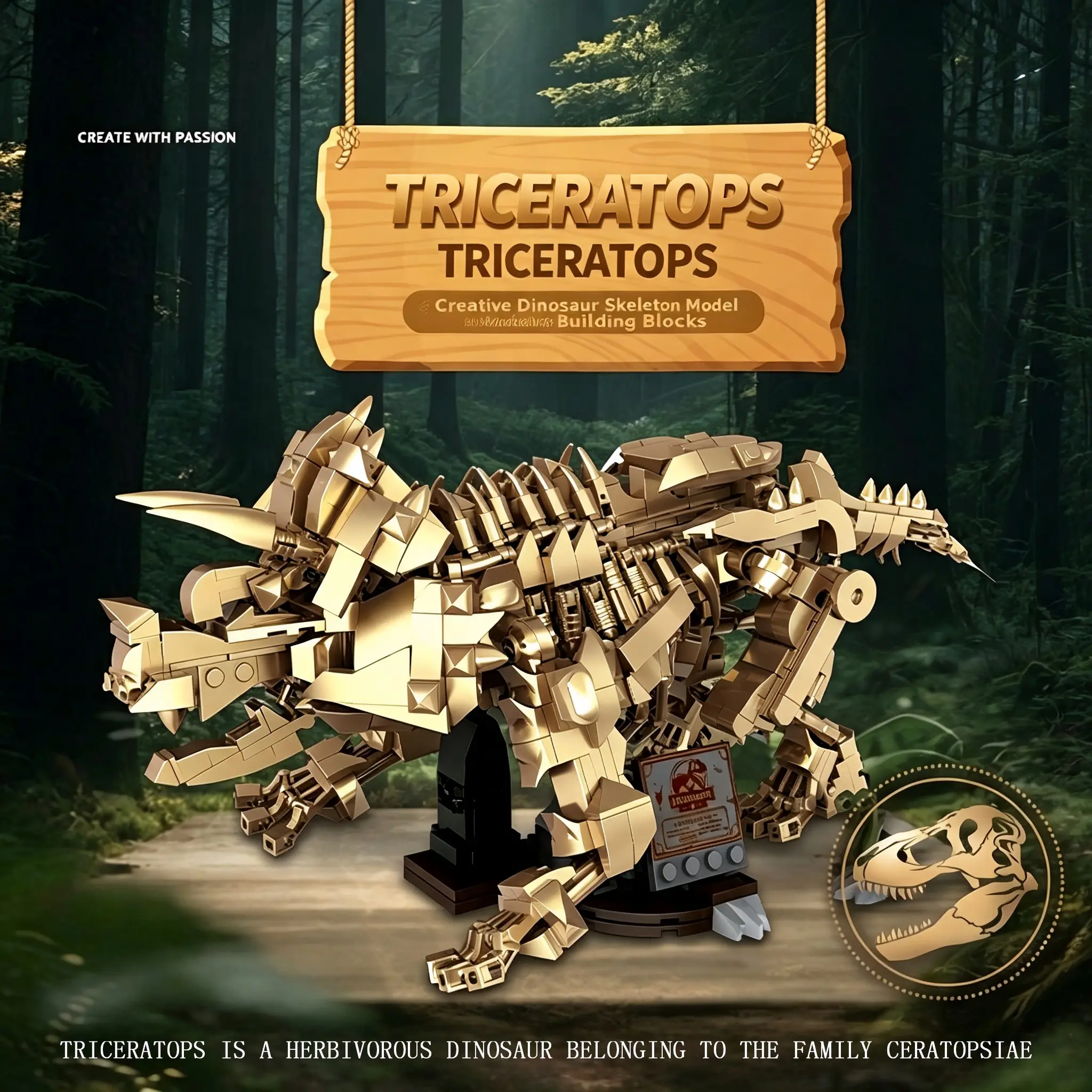 Triceratops Skeleton Building Block Kit, 873 Pcs Small Particle Dinosaur Model, DIY Assemble Movable Dino Brick Ornament, Home Desktop Decoration, Ideal Hand‑made Toy Gift For Dinosaur Hobbyists Teen Boys Collectors