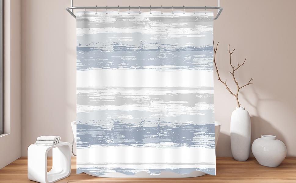 Abstract Blue Shower Curtain for Bathroom Decor 72Wx72H Modern White Grey Striped Aesthetic Minimalist Geometric Simple Neutral Watercolor Painting Fabric Waterproof Polyester 12 Pack Hooks