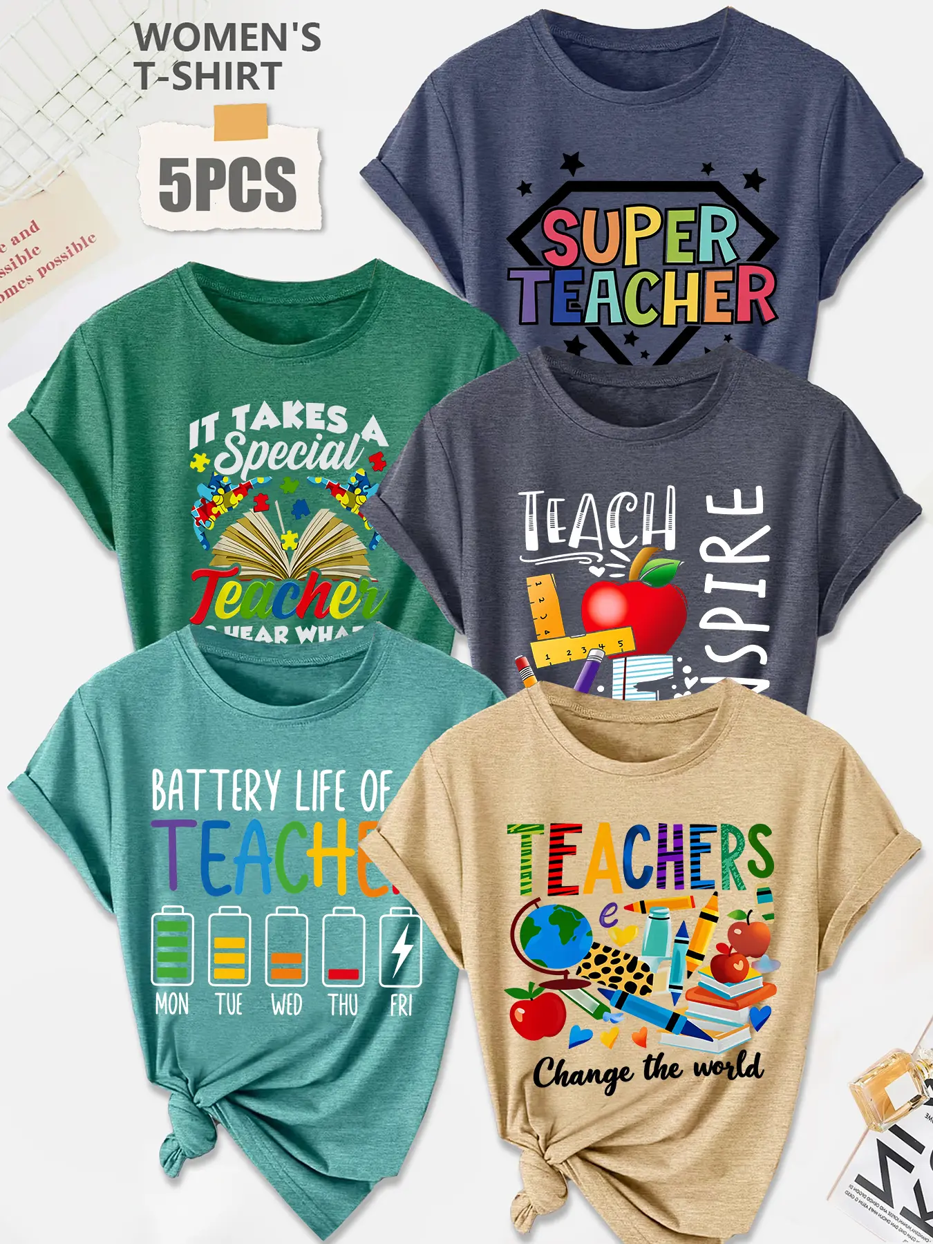 Women's 5Pcs Crew Neck Fitted T-Shirt, Teacher Fun Slogan Print, Multiple Colors Available, Machine Washable, Spring & Summer Tops, Soft Skin-Friendly Fabric, Daily Versatile, Fashion Design