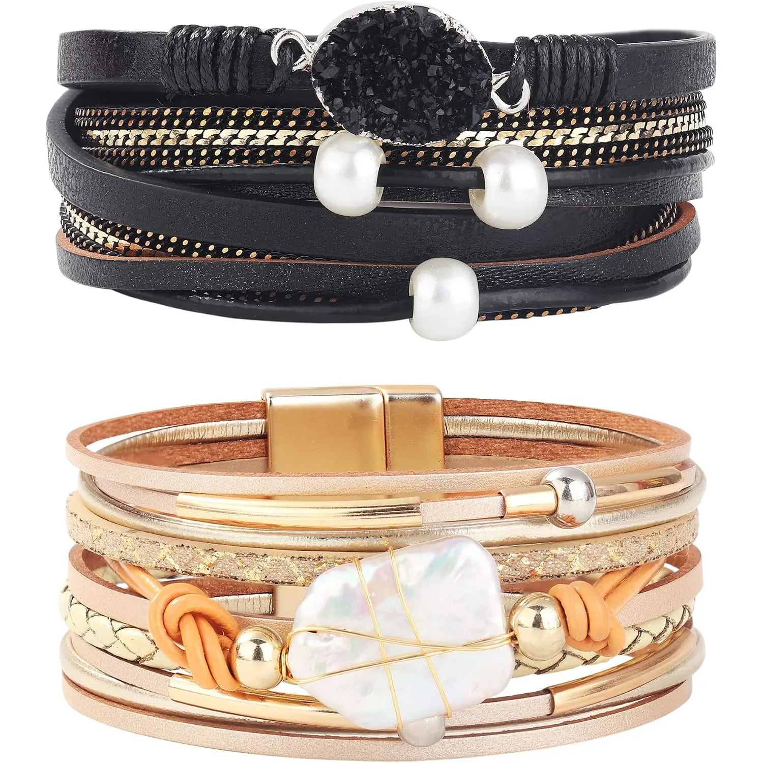 2Pcs Leather Wrap Bracelet for Women, Baroque Pearl Cuff, Multi-Layer Crystal Wrap Bracelet, Gorgeous Gold Tube Bracelet, Handmade Wristband Jewelry with Magnetic Clasp