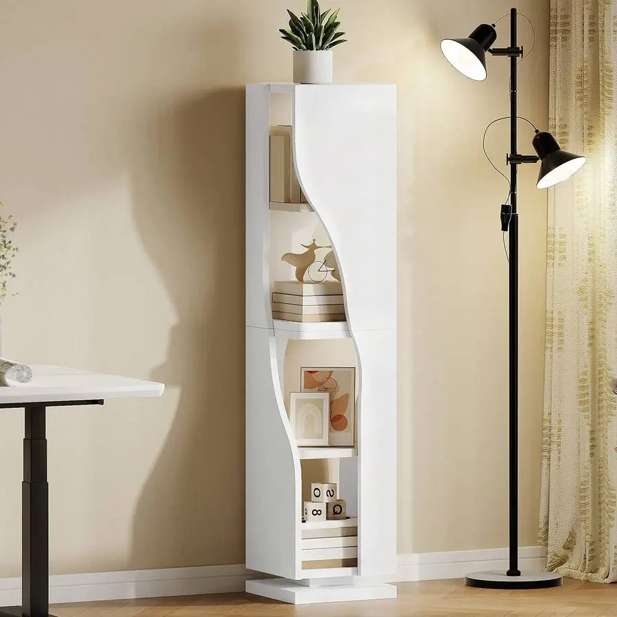 4 Tier Rotating Corner Bookshelf, Bookcase Modern Narrow Shelf Organizer Storage Bedroom Living Room Home Office Home Decor
