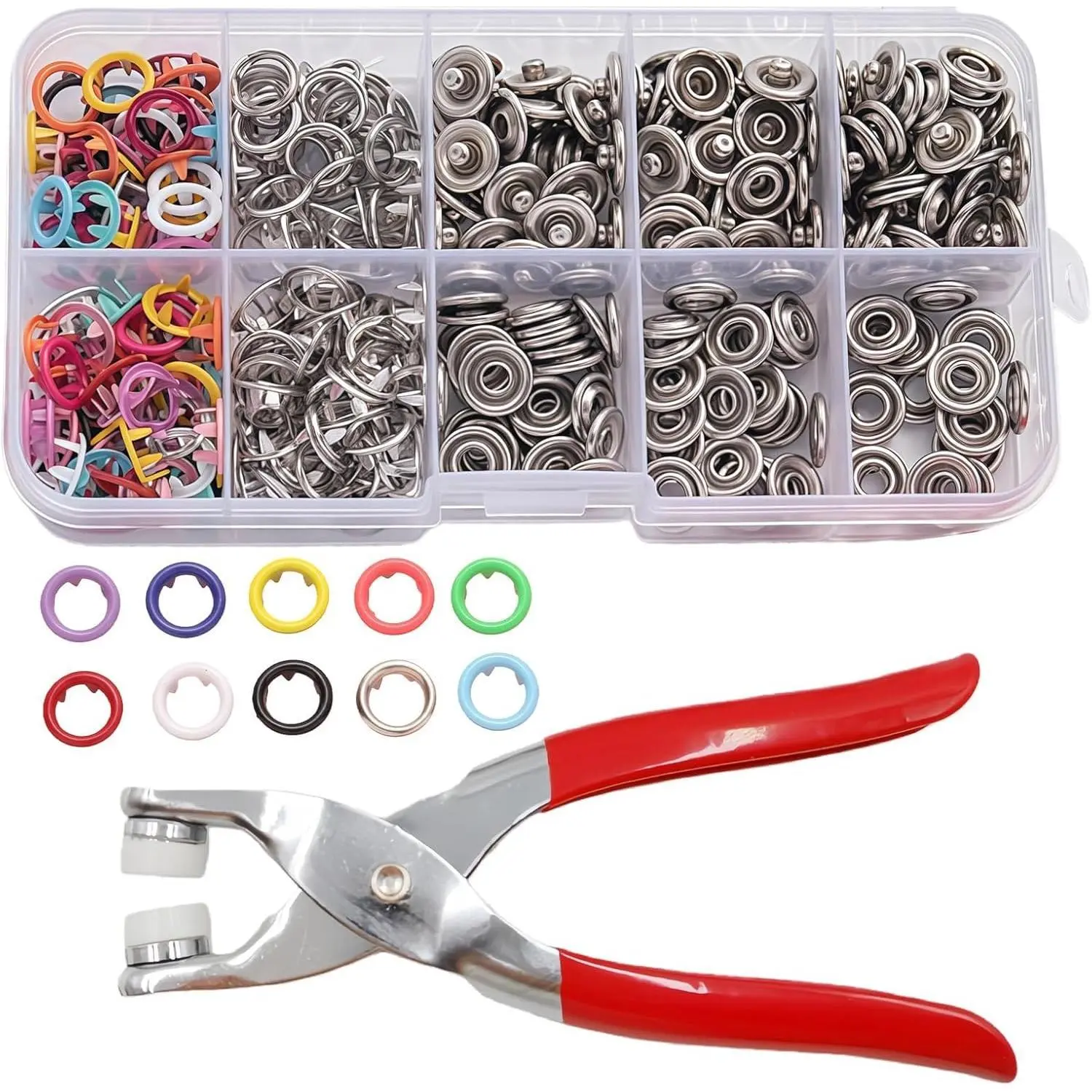 Vibrant Multi-Color Sew-On Button Sewing Tool Kit - 100 Sets Invisible Metal Buckles, 1 Manual Pressure Pliers, Household Sewing Supplies for DIY Projects & Clothing-Hat Handicrafts, Seamless Stitching Tools