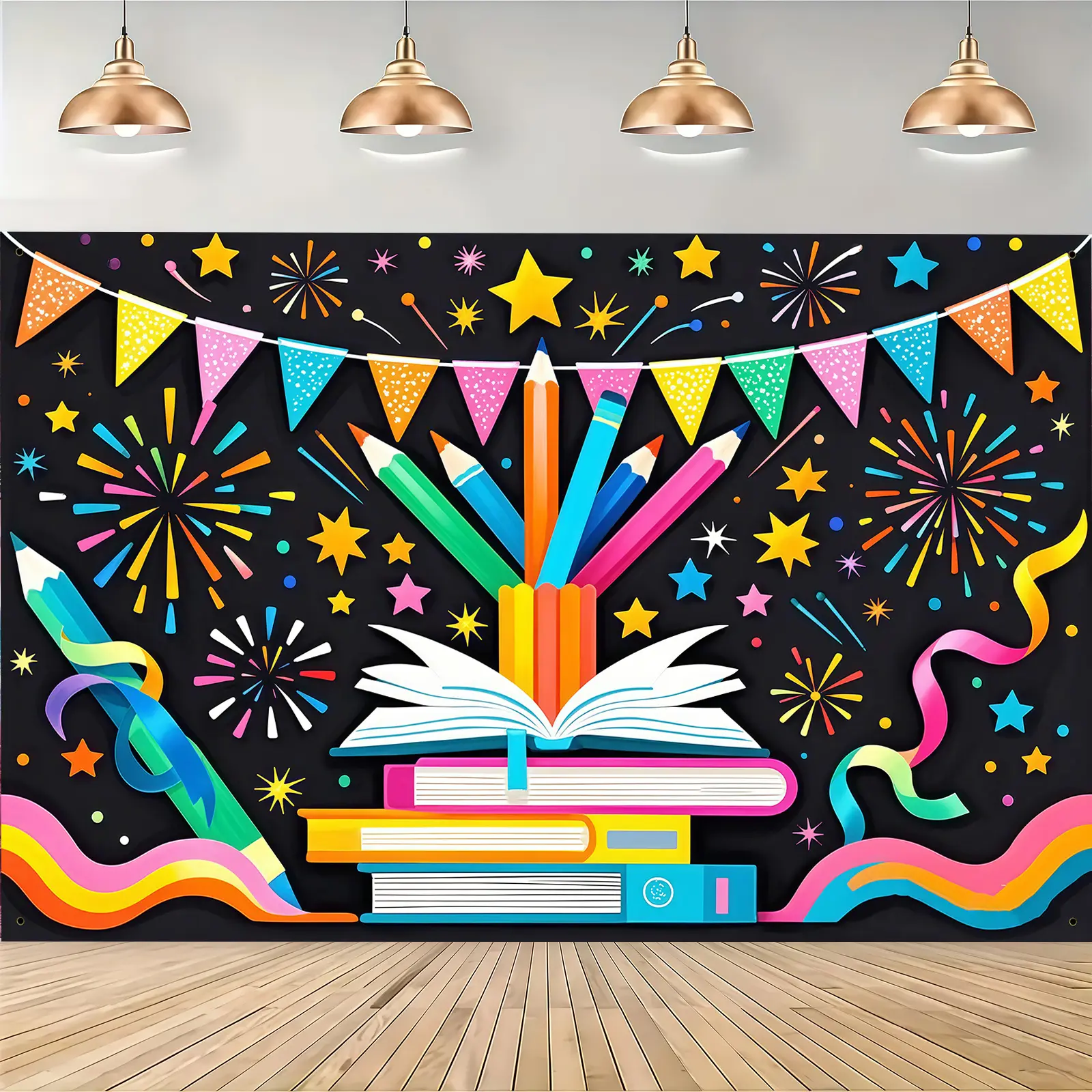 Lightweight Printed Back to School Pencil Backdrop Banner - Colorful Polyester Tapestry with Books, Ribbons, Stars Design for Student Return Party, Vintage Decorative Wall Photo Room Decor