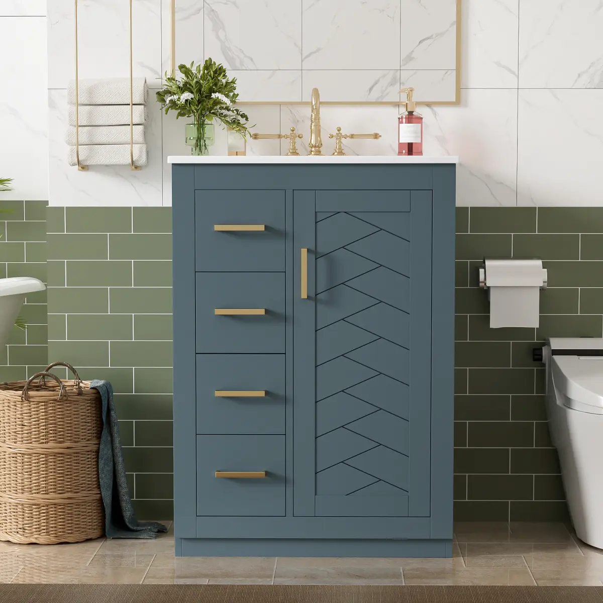 Aobtkel24" Bathroom Vanity with Integrated Ceramic Sink, Bathroom Cabinet with 1 Door, 3 Drawers, Single Sink Bathroom Vanity for Small and Medium Restroom, Blue