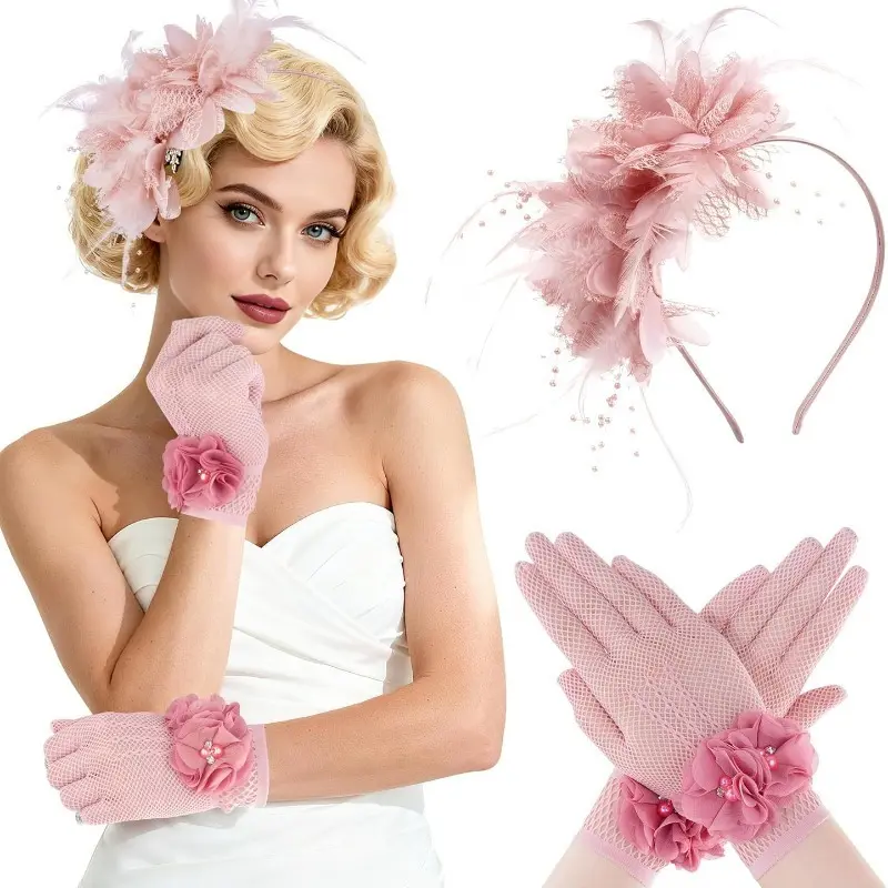 Fascinator Headband and Lace Gloves Set for Women, Vintage Style with Flowers, Feathers & Pearl Embellishments for Tea Party & Weddings, Romantic, Photoshoot, Mesh, Feathered, Pearl Accents