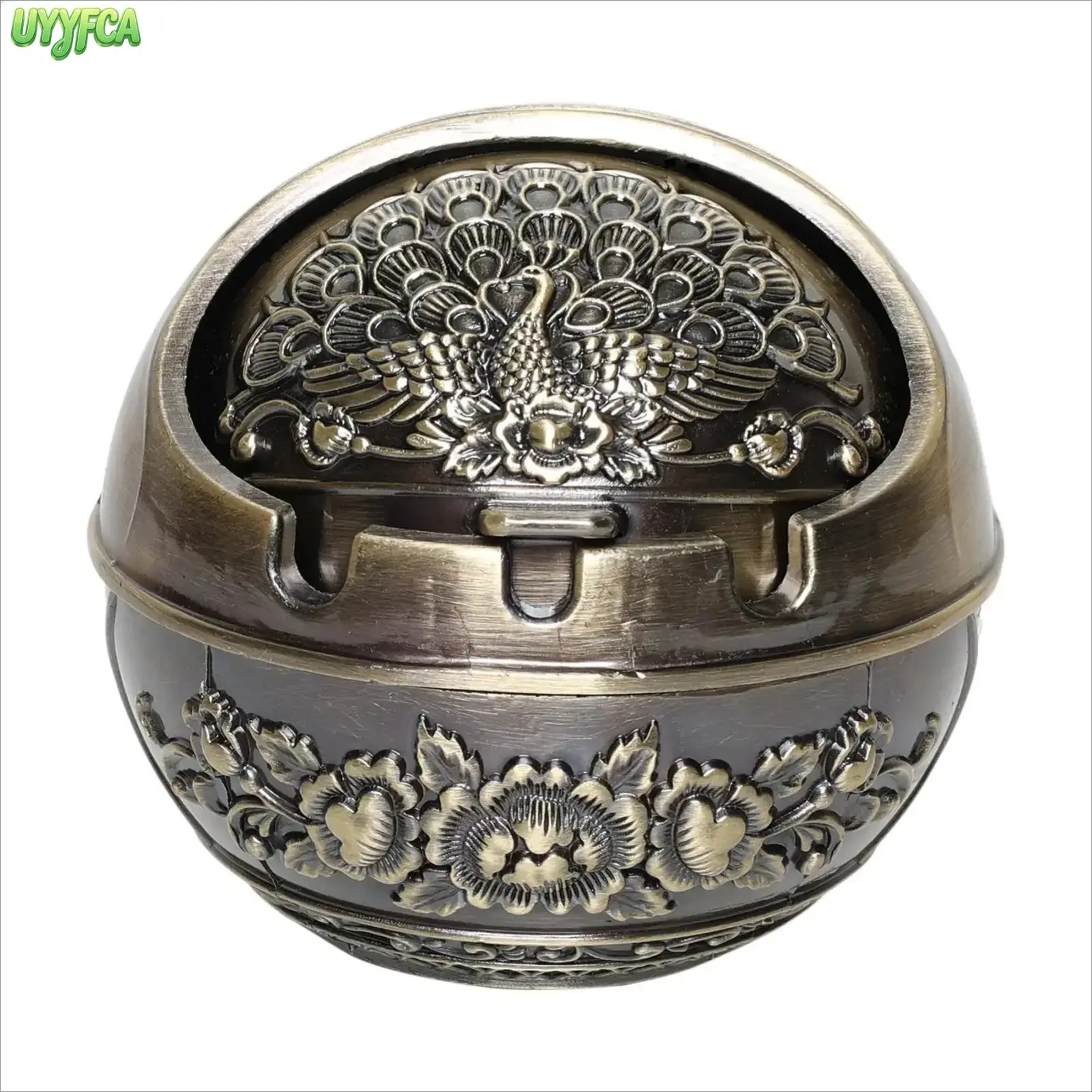 Retro Bronze Pocket-Sized Embossed Peacock Floral Metal Flip-Top Ashtray, Windproof Smokeless Round Rust-Resistant Red Copper Finish Ash Holder, Oriental Decoration for Living Room Office, Bag Accessory for Cleaning & Care, Tabletop Decor