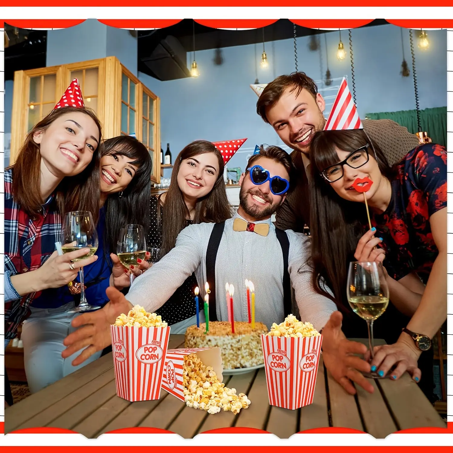 of 100 Classic Red And White Striped Popcorn Containers, Perfect for Movie Nights, Parties, Or Carnivals. These Disposable, Oil-Resistant Buckets Feature an Open Top Design