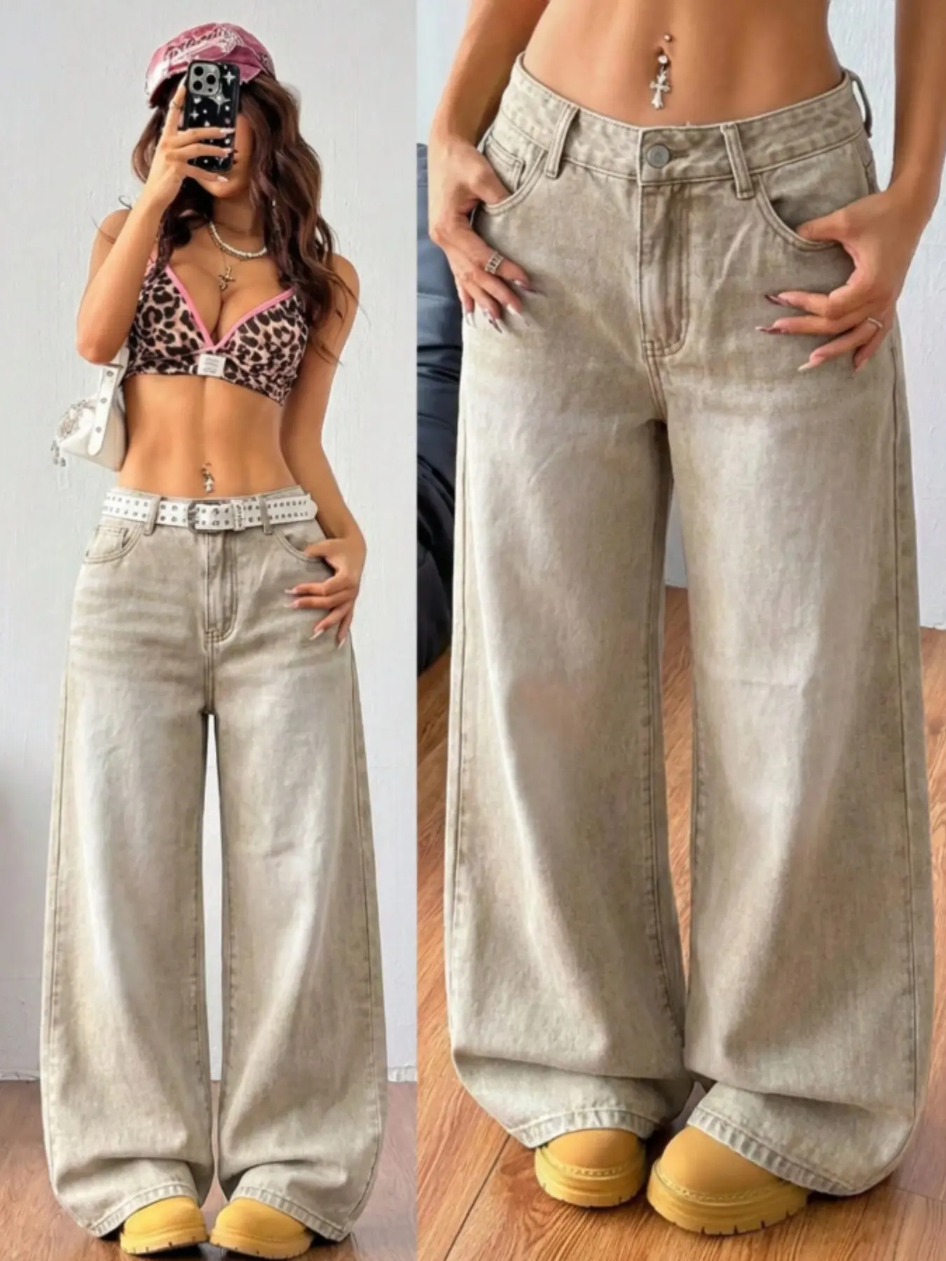 Women's Vintage Wide-Leg Baggy Jeans Pants, Loose Fit Casual, Non-Elastic Mid-Waist, Fashionable and Versatile, Suitable for All Seasons, Trouser