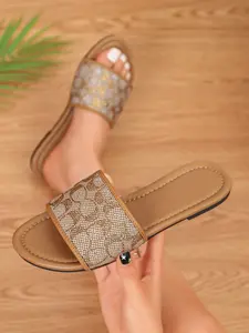 Women's Thick Sole Rhinestone Slippers, Casual PU Material, Breathable Rubber Sole, All-Season Fashion, Medium Width