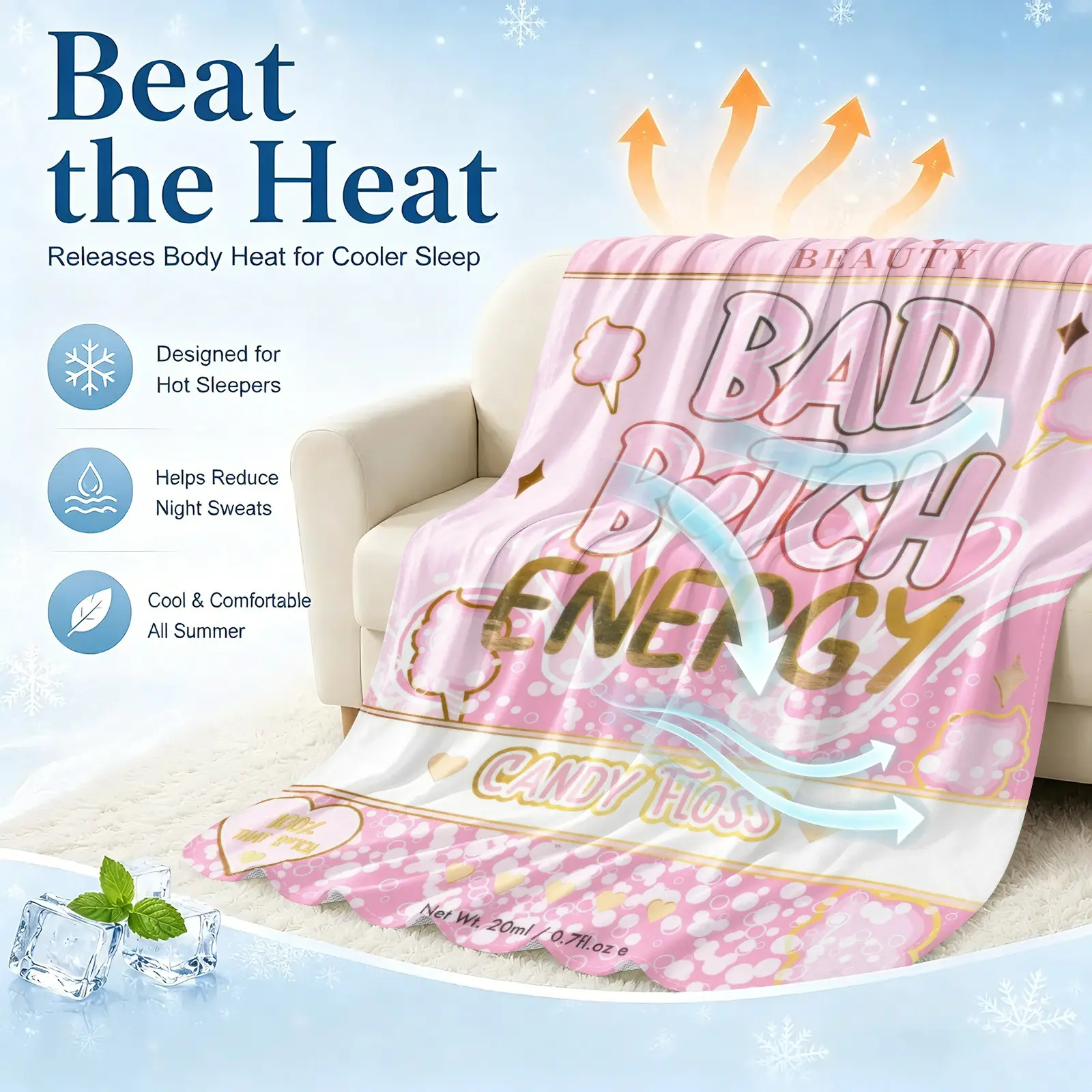 Bad B*tch Energy Marshmallow Sweet Cool Print Cooling Blanket for Hot Sleepers Q-Max >0.25 Summer Blanket Thin Lightweight Breathable Soft Double Side Enhanced Cooling Mat for Bed Couch Sofa, Keep Cool for Night Sweats