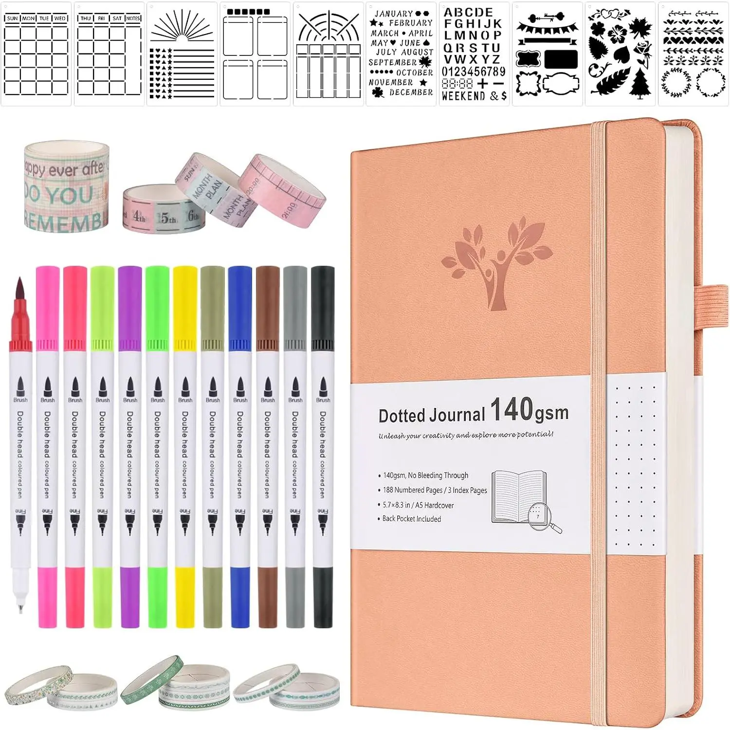 Dotted Journal Kit, 140gsm Dot Grid Notebook with 188 Numbered Pages | A5, Leather Hardcover, Journaling Supplies with 12 Brush Pens  Tip, 10 Stencils&14 Washi Tape for Scrapbook&Bujo Planning