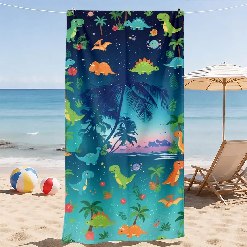 Kids Dinosaur Beach Towel, Tropical Island & Starry Sky Design, Soft Comfortable, Absorbent, Ideal for Beach, Pool, Travel, Camping, Water Park