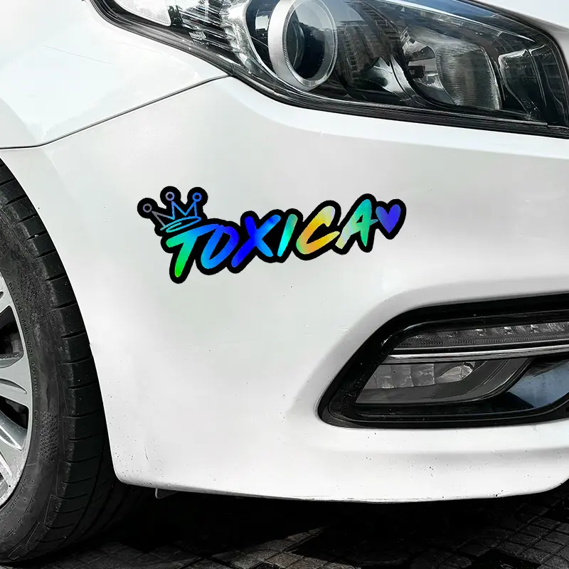 1PC Street Trendy Cool Playful Logo Sticker For Cars Stick on car bodies or personalized trendy backpacks, this laser rainbow "TOXICA" + crown & heart decor instantly has a personalized eye-catching vibe, users who prefer cool playful decorations
