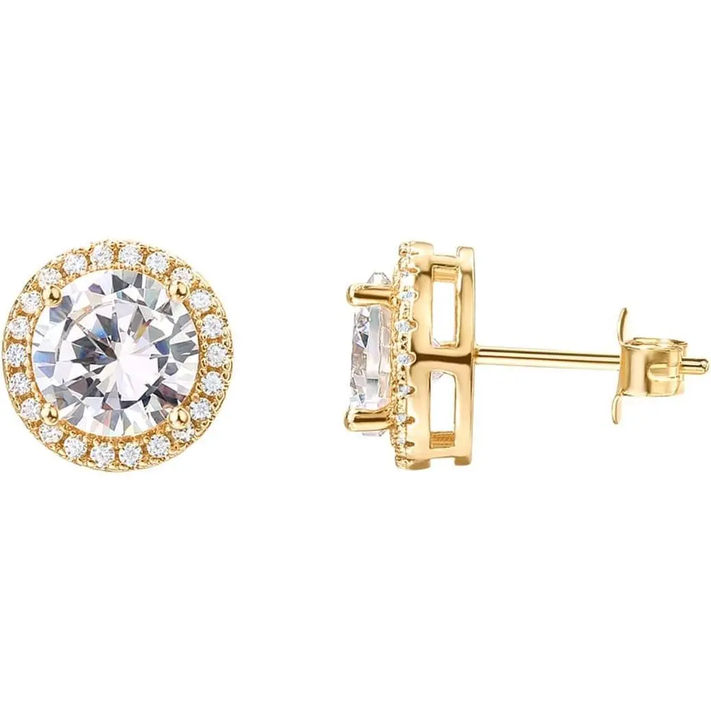 14K Gold Plated 925 Sterling Silver Post Brilliant Round Faux Diamond Halo Earrings - Premium Cubic Zirconia