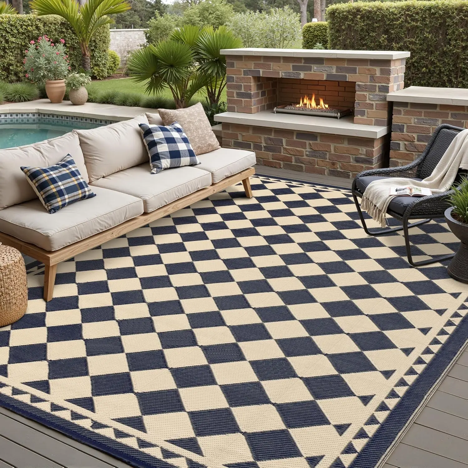 8x10 ft 2-Toned Polypropylene Outdoor Rug, Waterproof Reversible Plastic Straw Mat, Clearance Item for Patio, RV, Backyard (Checkered Black&Beige), Two-Toned