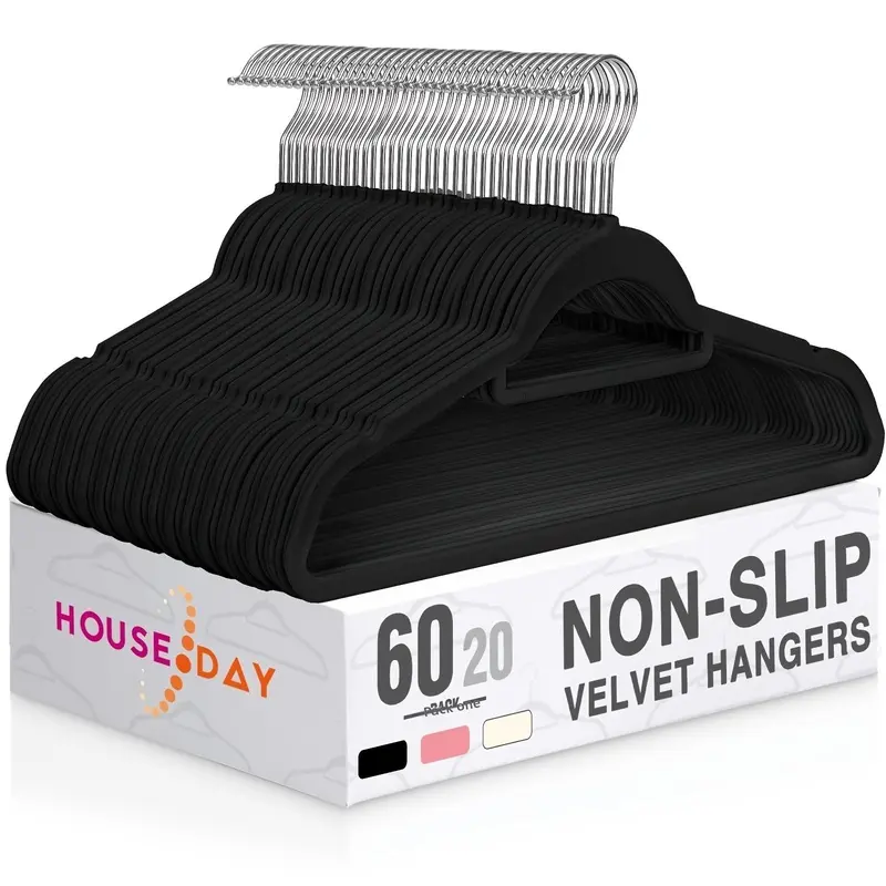 Heavy Duty Black Velvet Hangers with Smooth Velvet Grip, Wall-Mounted Plastic Frame Hooks, Space-Saving Home Organiser for Hanging Suits, Shirts, Dresses (Black60pcs), Wall Mount,dorm room inspo,college dorm essentials,dorm haul
