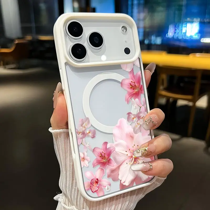 Magnetic TPU Protective Phone Case for iPhone 17/16 Pro Max Plus/15/14/13/12/11/Air E, Multi-Model Blush Pink Floral Cascade Pattern, Wireless Charging Compatible, Non-Yellowing Shockproof Transparent Cover, Fingerprint-Resistant iPhone Series Accessories