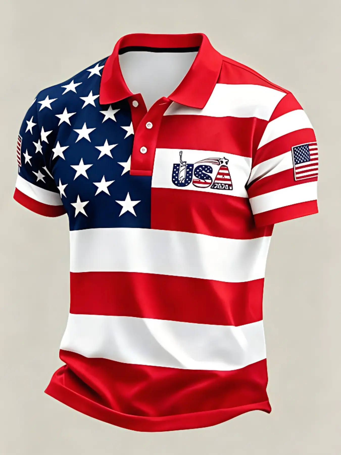 Men's Comfortable Breathable Usa Flag Element Polo Style Short Sleeve Shirt, Casual All-Over Print, Fitted, Ideal for Daily Wear and Gifts