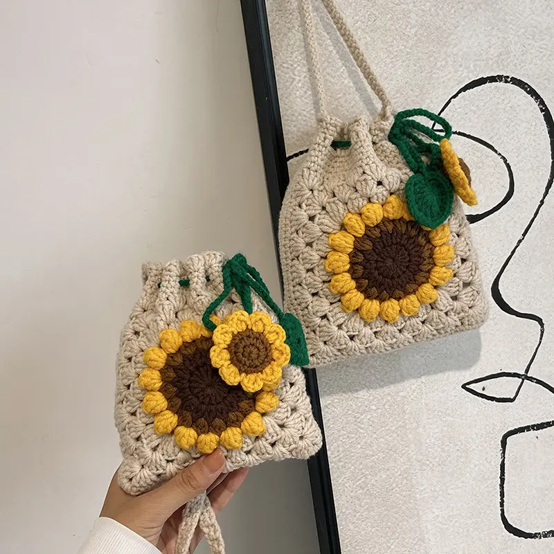 Handmade Crochet Sunflower Bag, Cute Boho Drawstring Crossbody Purse for Women, Cottagecore Woven Phone Pouch Your New Favorite Summer Accessory!  Handmade Crochet Sunflower Purse | Boho Cottagecore Aesthetic | TikTok Viral