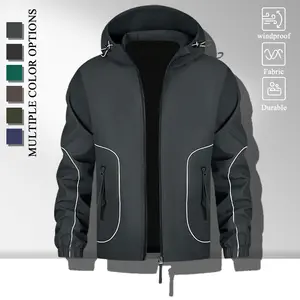 Men Adjustable Drawstring Hood Casual Jacket, Windproof Durable Light Fabric Full Zip Outerwear with Curved White Piping Trim, Elastic Cuffs Zipper Side Pockets, Loose Fit Coat for Sports Hiking Daily Street Outfits, Multiple Neutral Tone Options