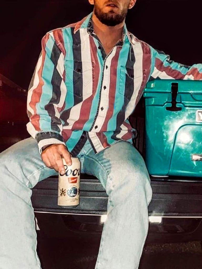 Men's Western Cowboy Style Retro Print Loose Long Sleeve Shirt Striped Casual Button Autumn Top Suitable for Streetwear Menswear233