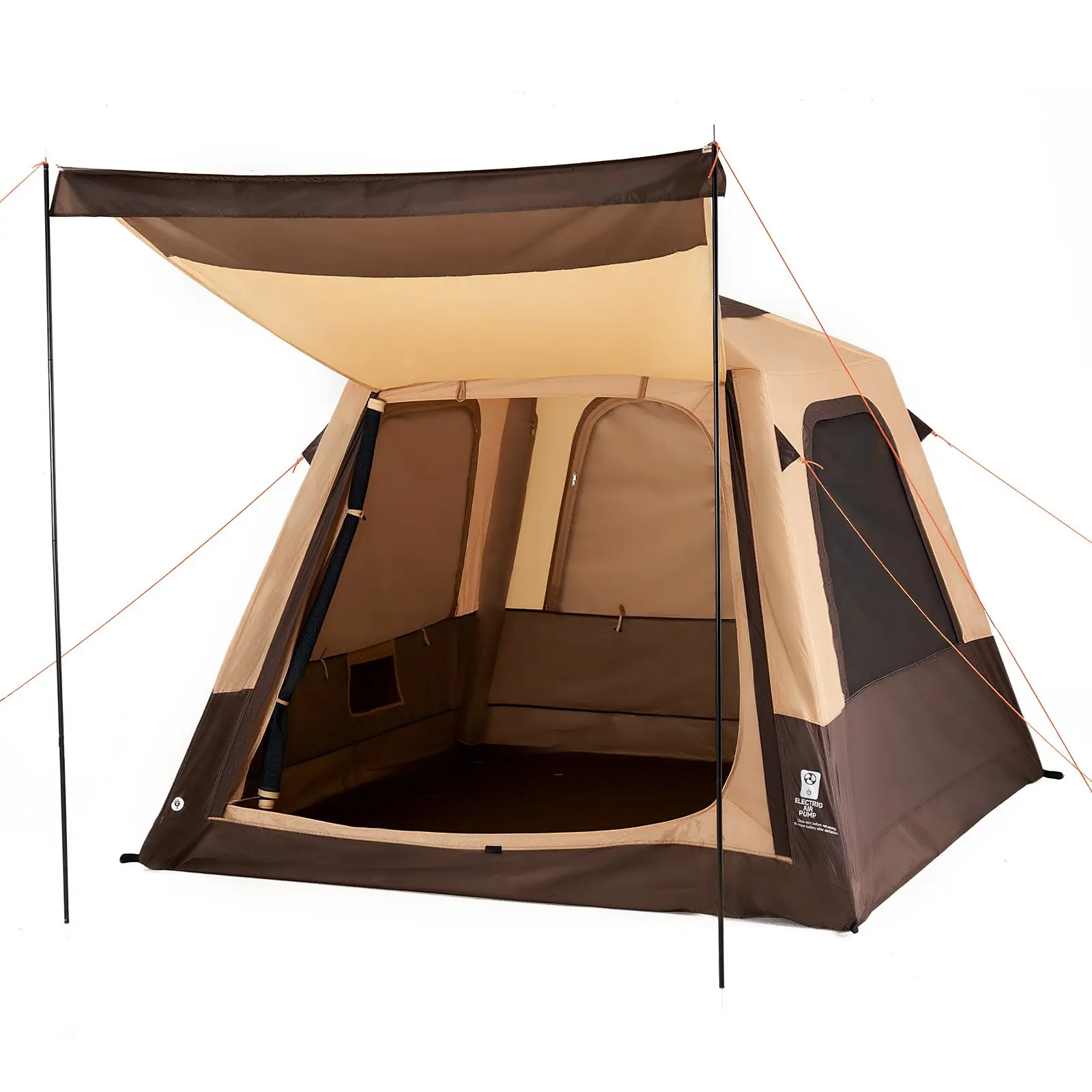 VEVOR 4-Person Waterproof Easy-Setup Inflatable Tent, Oxford Mesh Camping Tent with Rechargeable Pump, TPU Air Tube, 5 Large Mesh Windows, Roomy Space, Portable Carry Bag for Family Hiking, Beige Outdoor Use, Waterproof Tent