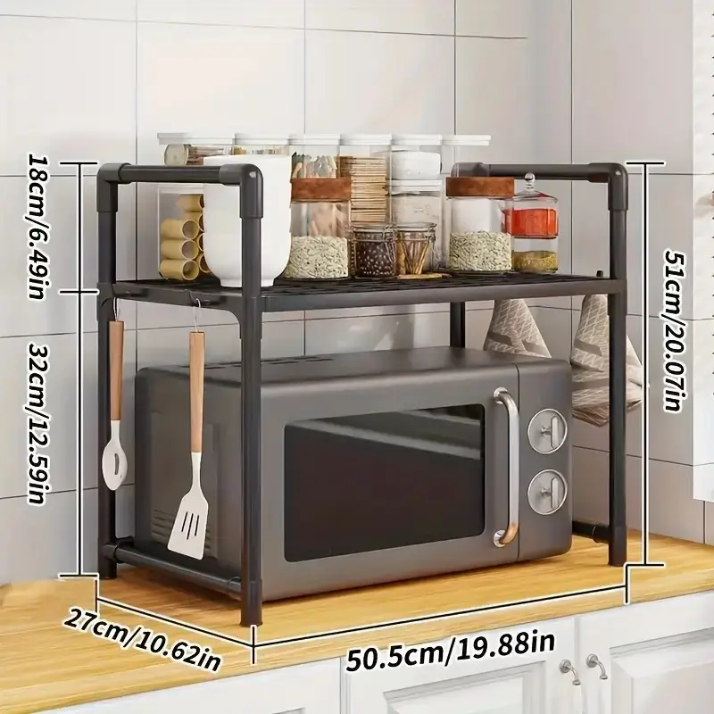 Microwave Rack Widened Thickened Oven Bread Machine Shelf, Dual Layer Kitchen Organizer with Handle Hook, Spice Storage Rack
