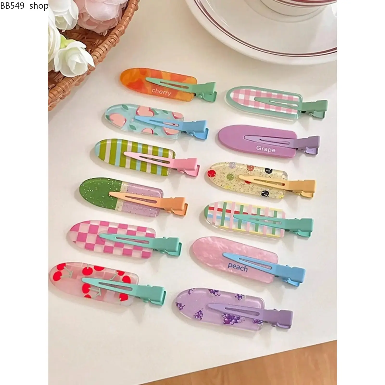 12pcs Dopamine-Color Fruit Design Fun Hair Clip Set, Seamless Bangs Clip, Fringe Clip for Girls, Makeup Clip, Cute Hair Accessories for All Seasons, Hair Decor