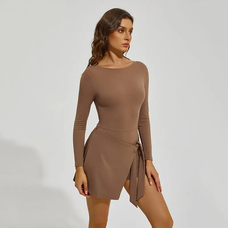 Sun-protective long-sleeve tennis sports suit for women, anti-exposure two-piece long badminton outfit with tennis skirt