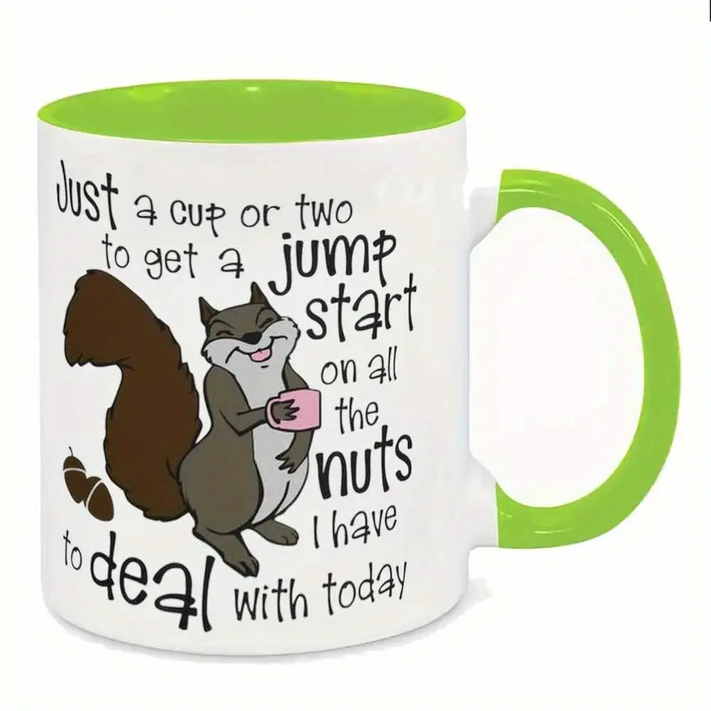 1pc Playful Squirrel Ceramic Coffee Mug, "Just A Cup Or Two To Get A Jump Start" Design, Dishwasher Safe, White With Green Handle, Fun Office Or Home Drinkware, Squirrel Gifts, Halloween Gifts, Christmas Gifts