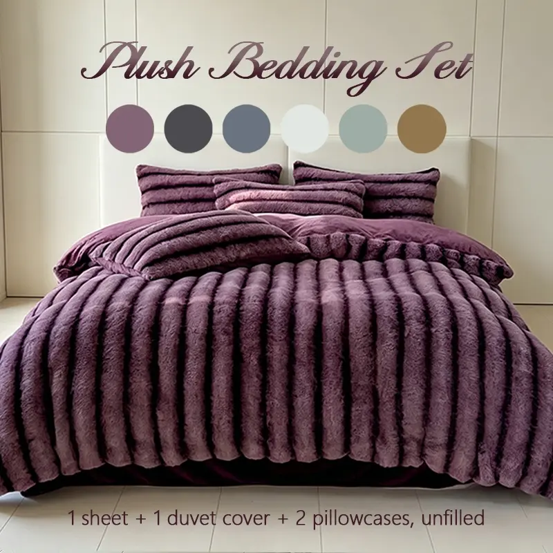 Cozy Plush Striped Bedding Set, Comfy Bed Sets, Soft Fluffy Duvet Cover + Sheet + Pillowcases, Warm Fuzzy Bedding for All-Season Bedroom Comfort