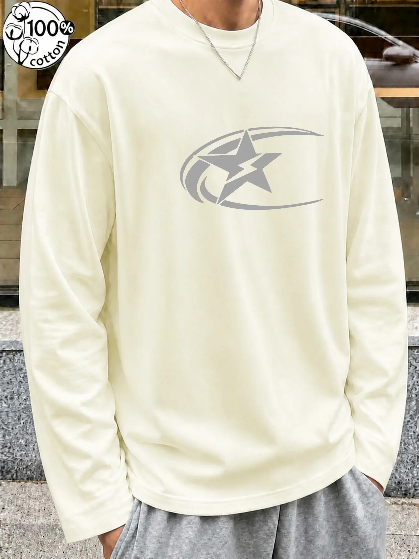 Men's 100% Cotton Star Graphic Long Sleeve T Shirt, Retro Sport Crew Neck Streetwear Tee, Loose, Multiple Colors Available