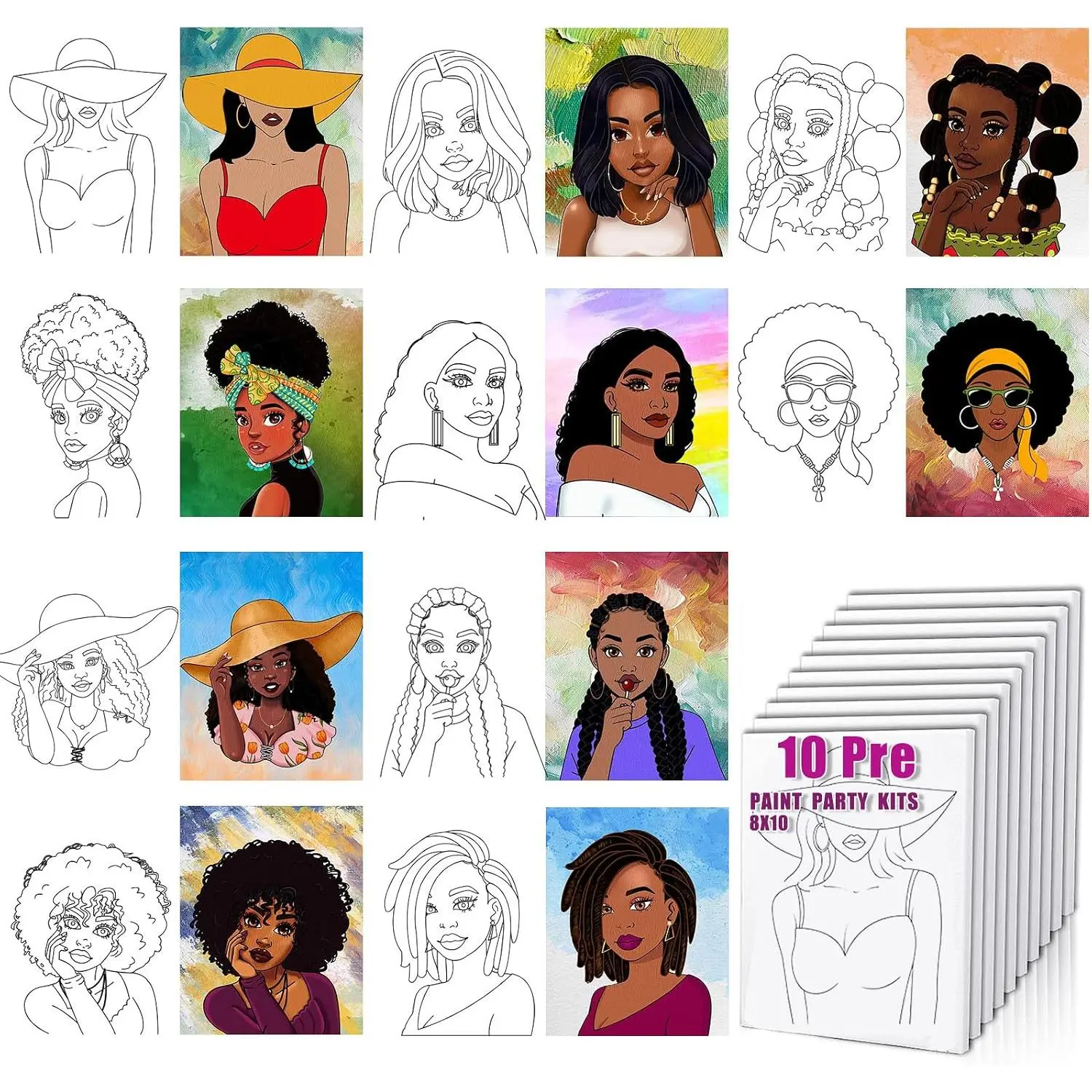Pre Drawn for Painting for Adults 10 Pack 8X10 Without Frame Sip and  Canvas,Drawn Canvas for Painting for Adults,Sip and  for Adult's Date Night
