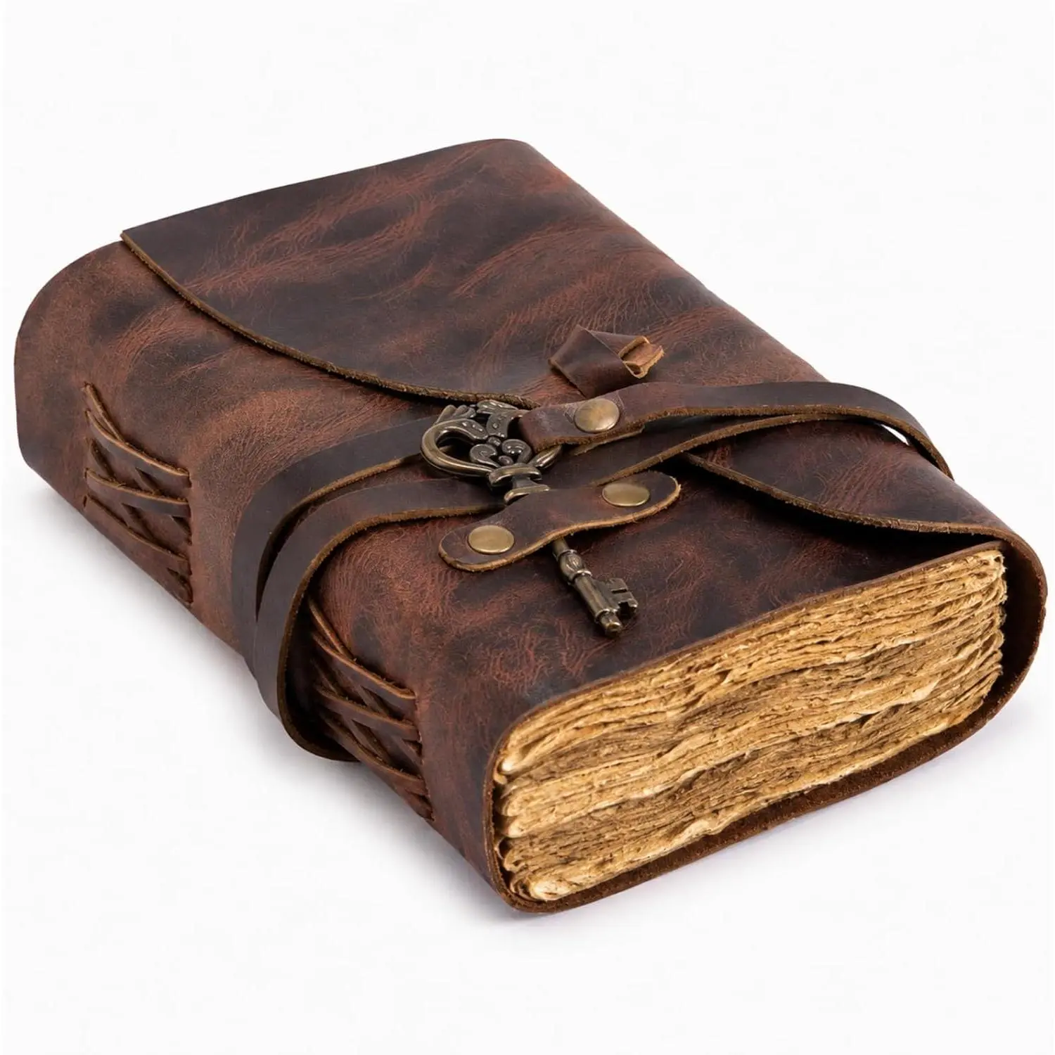Hand-Stitched Buffalo Leather Journal - 240 Blank Pages, 7.5"x5.5" Antique Deckle, Medieval Look Grimoire - Journal/Sketch Book for Artists (Red Brown)