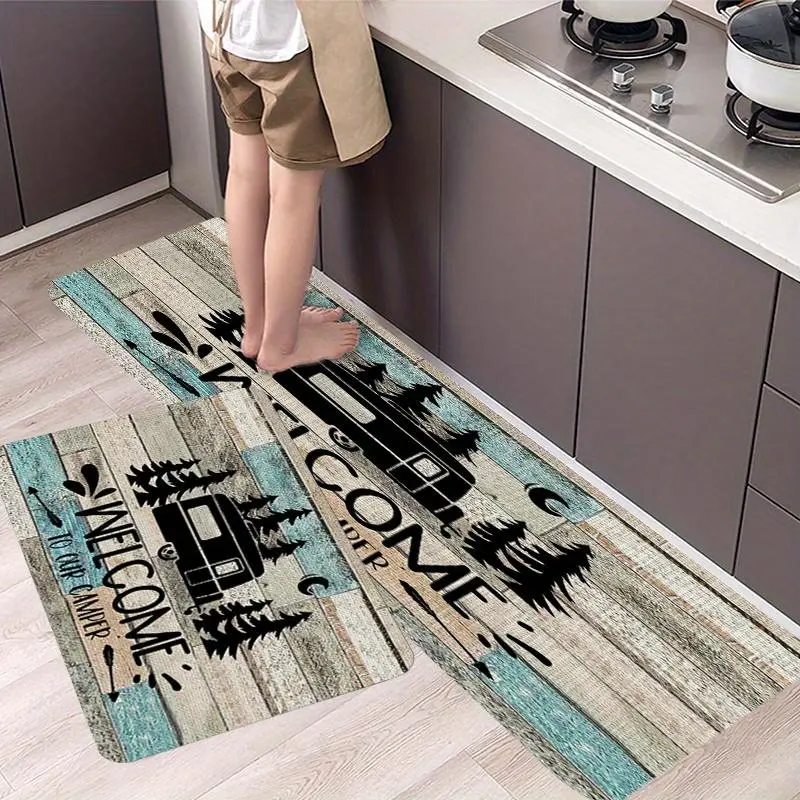 Rustic Wooden Camper Welcome Flannel Doormat - Vintage Forest RV Camping Pattern, Non-Slip Water-Absorbing Flannel Fabric Mat for Home/Front Door, Indoor Entry Use, 3 Sizes Available