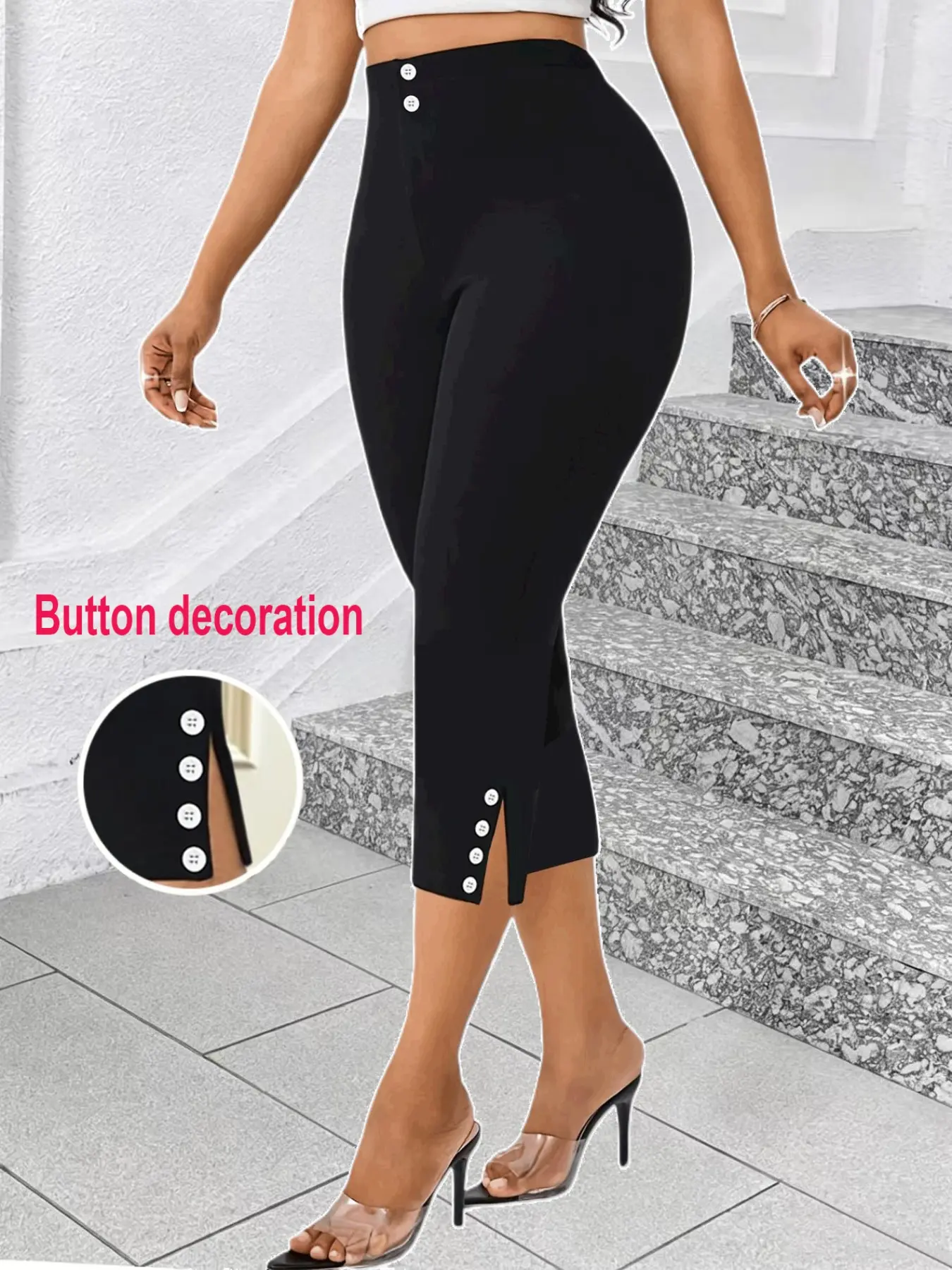 New Bestselling Patchwork Button Decor Elastic Tight Seven-Quarter Pants, Festival Party, Outerwear, Versatile Style, Soft Breathable Fabric