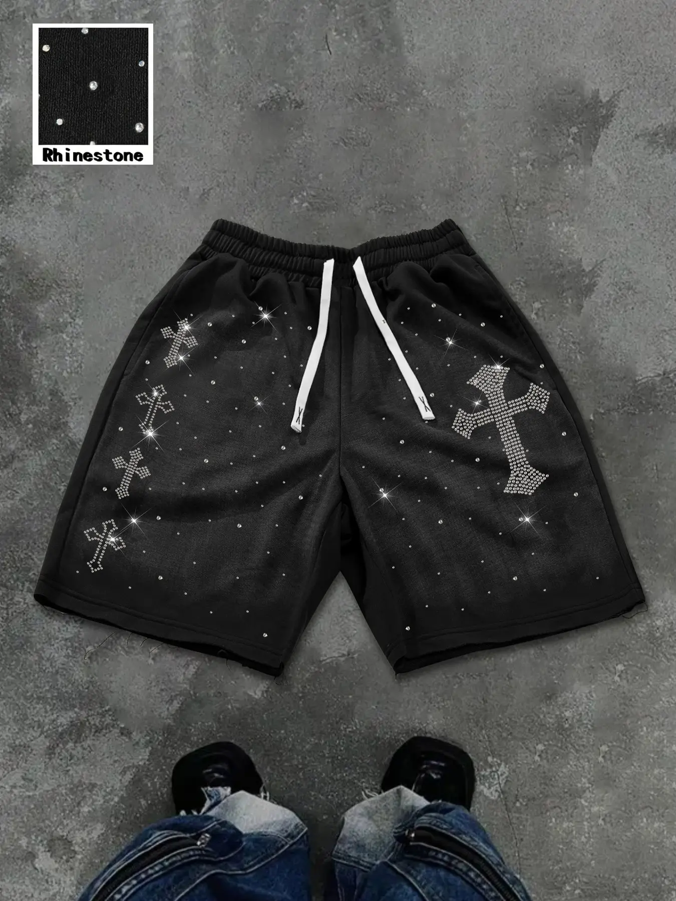 Men's Casual Loose-Fit Shorts, Rhinestone Cross Star Design, Frayed Hem, Mid Waist, Street Style, Ideal for Fitness and Daily Wear