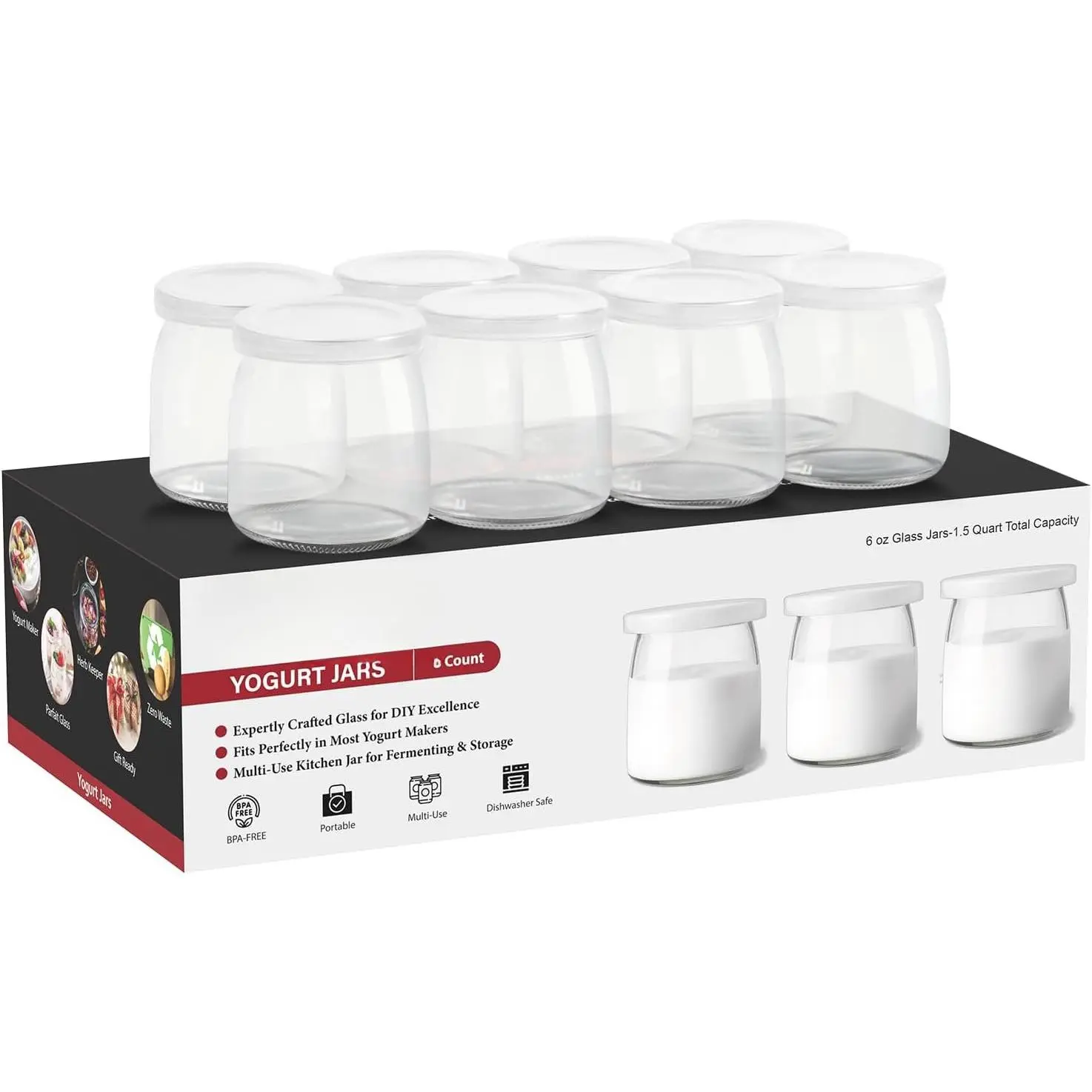 Yogurt Jars - 8 Count 6oz Small Glass Yogurt Cups With ,  , Airtight & Dishwasher Safe!  Containers for Yoghurt, Oatmeal, Pudding, or Jello