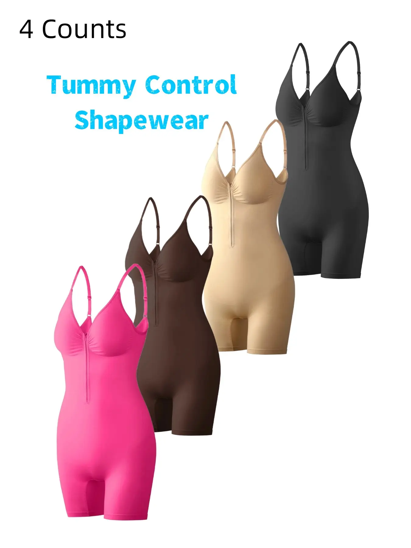 Women's Seamless Smooth Shapewear Bodysuit, Front Zipper Full Body Suit, Tummy Control Butt Lifting, All Seasons Wearable
