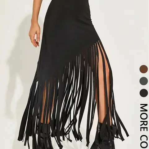 Women's Solid Color Fitted Fringe Trim Skirt, Aesthetic Fashionable Long Maxi Skirt for Party Club Dating Wear, Women's Bottoms for Summer, Womenswear, Gothic Style Skirt, Goth Punk Skirts, Fitted Design Skirt