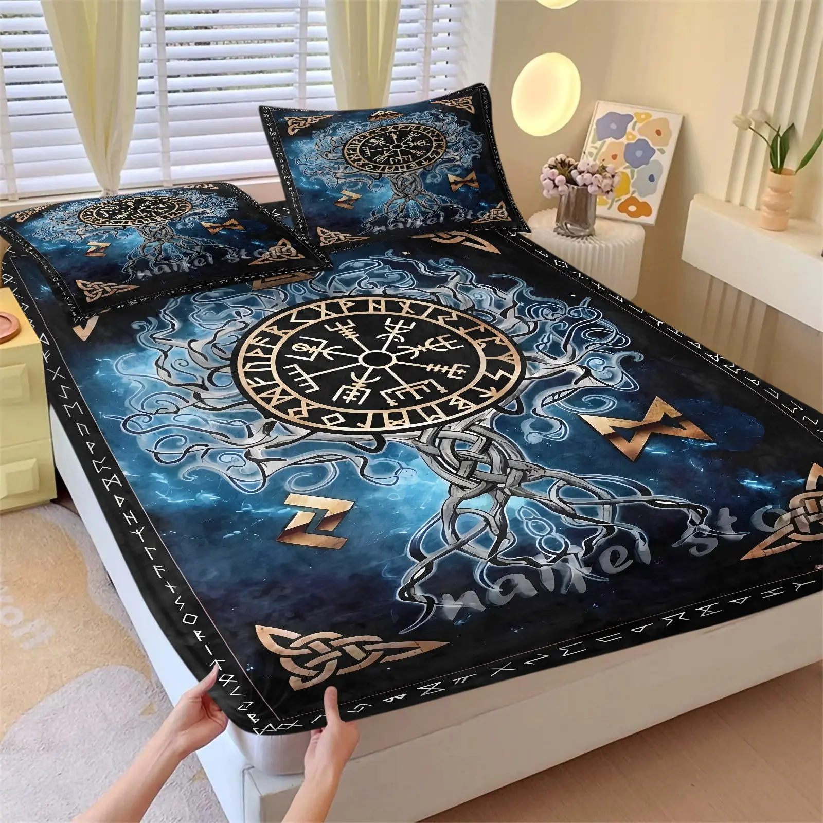 3PCS Viking Tree Of Life Rune Compass Print Fitted Sheet Set (1 Fitted Sheet + 2 Pillowcases), Soft Breathable Skin-Friendly Fabric, Deep Pocket Anti-Slip Full Wrap Design, Nordic Mystical Bedding For Bedroom & Dorm