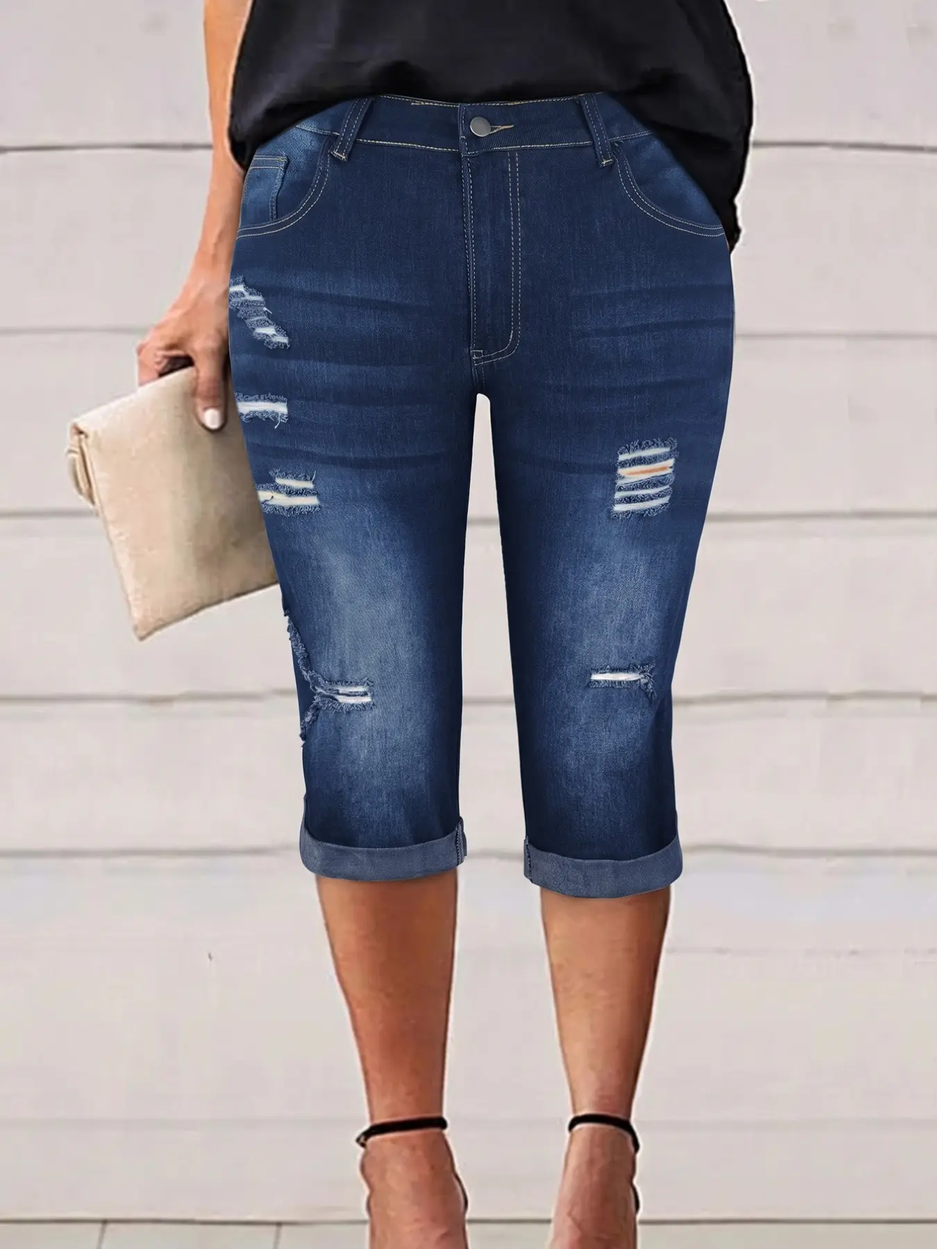 Plus Size Dark Wash Ripped High Waist Tummy Control Capri Jeans, 4-Way Stretch Cropped Mom Jean, Casual Summer Denim Jeans for Women