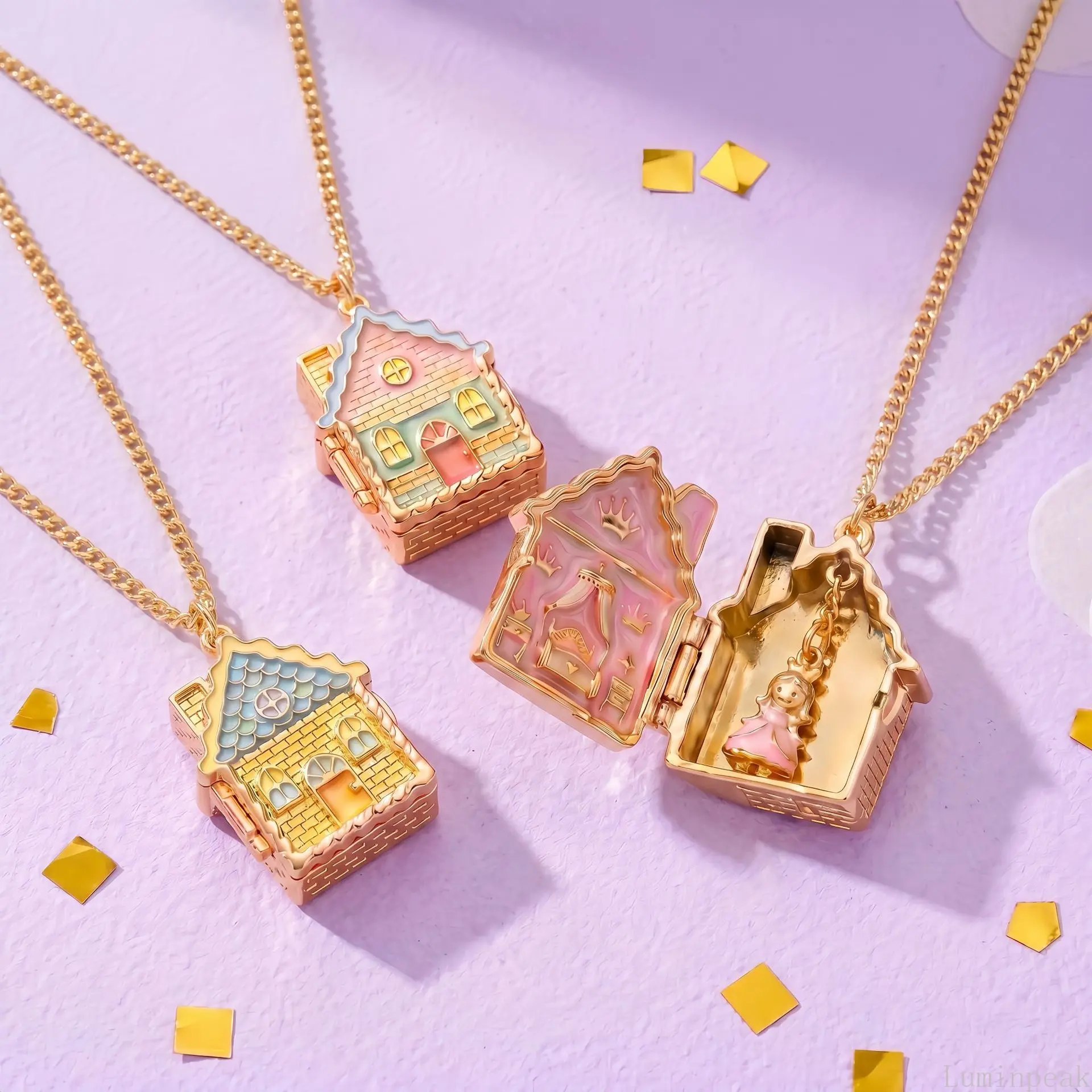Whimsical Gingerbread House Pendant Necklace, Colorful Enamel Openable Locket with Blue, Pink & Green Details, Versatile Unisex Jewelry, Colorful Roof Gingerbread House Necklace, Colored Necklaces, Daily Wear
